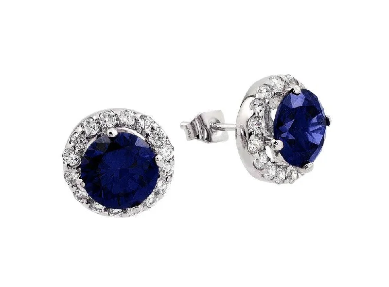 Gold Crystal Earrings-Silver 925 Rhodium Plated Blue round CZ Stud Earrings - BGE00368B