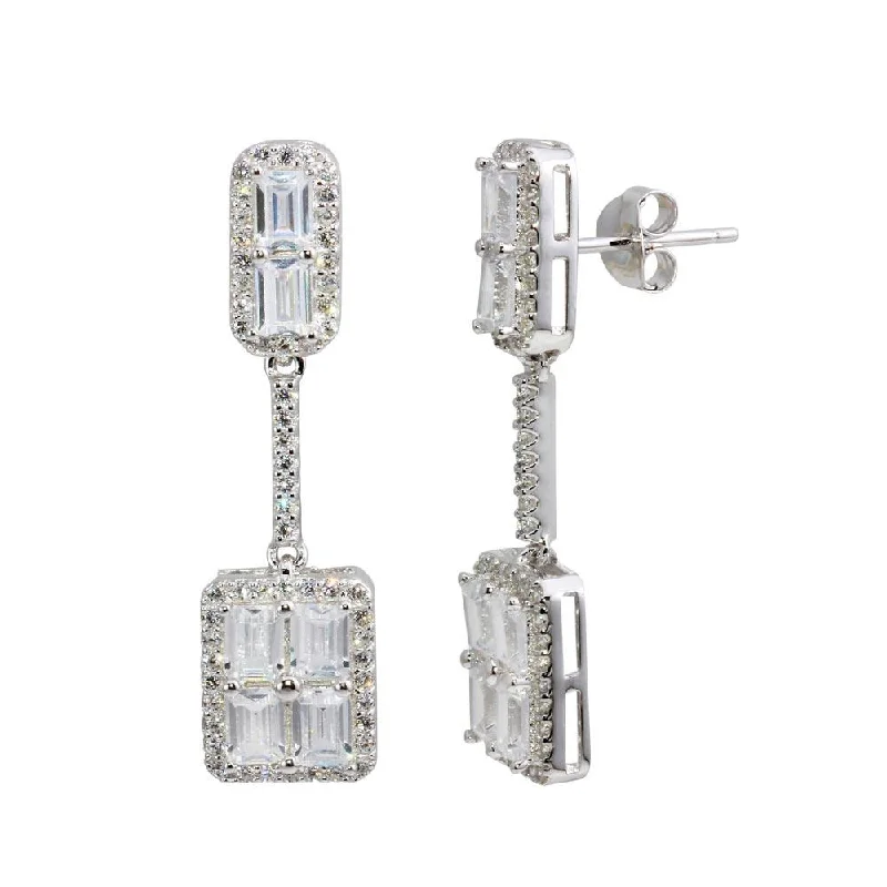 Trendy Wedding Earrings-Rhodium Plated 925 Sterling Silver Dangling Bar and Square Earrings with CZ - BGE00595