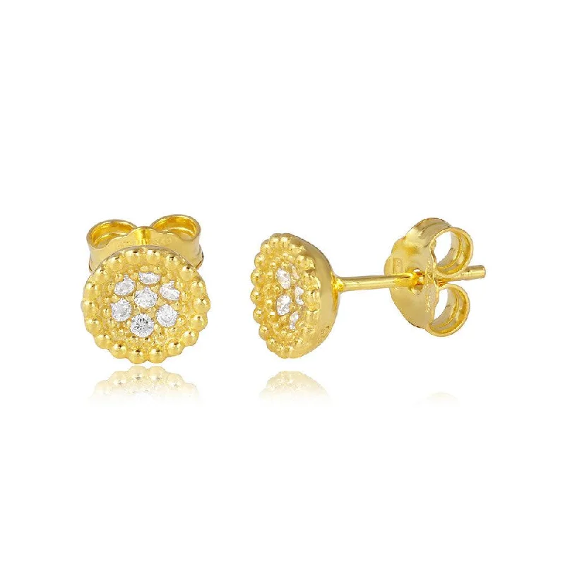 Simple Gold Earrings-Silver 925 Gold Plated CZ Encrusted Bowl Shape Stud Earrings - ARE00008GP