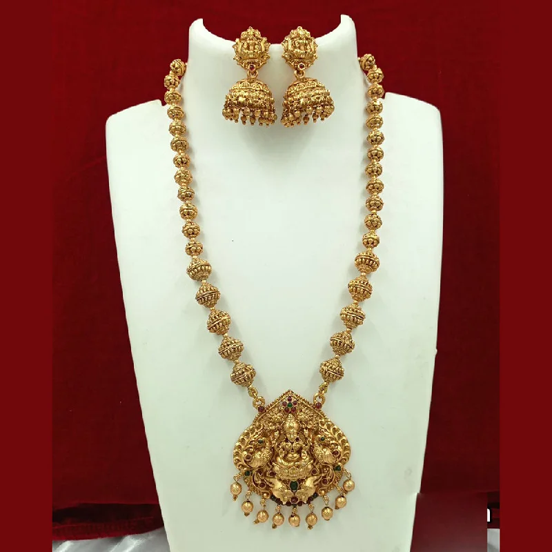 Personalized Gold Necklaces-FS Collection Gold Plated Pota Stone And Pearl Temple Long Necklace Set