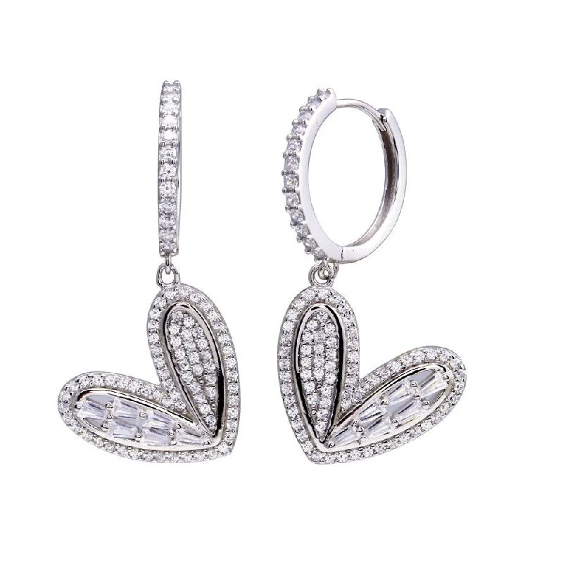 Wedding Drop Earrings-Rhodium Plated 925 Sterling Silver CZ Hoop Dangling Wide Heart Earring - STE01320