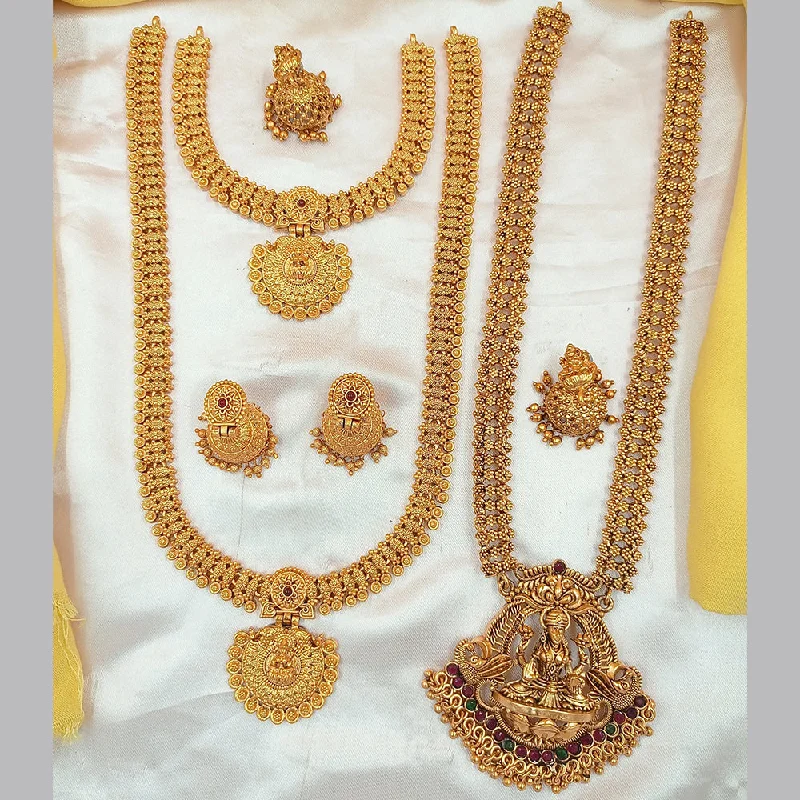 Luxurious Silver Necklaces-Joyful Jewel Art Matte Gold Plated Pota Stone Temple Long Necklace Combo