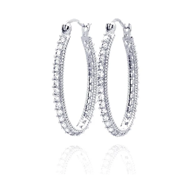 Vintage Silver Earrings-Silver 925 Rhodium Plated Round CZ Hoop Earrings - STE00452