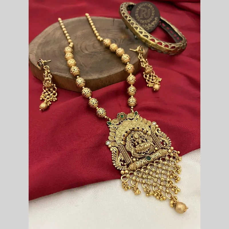 Stylish Adjustable Necklaces-FS Collection Gold Plated Pota Stone And Pearls Temple Long Necklace Set