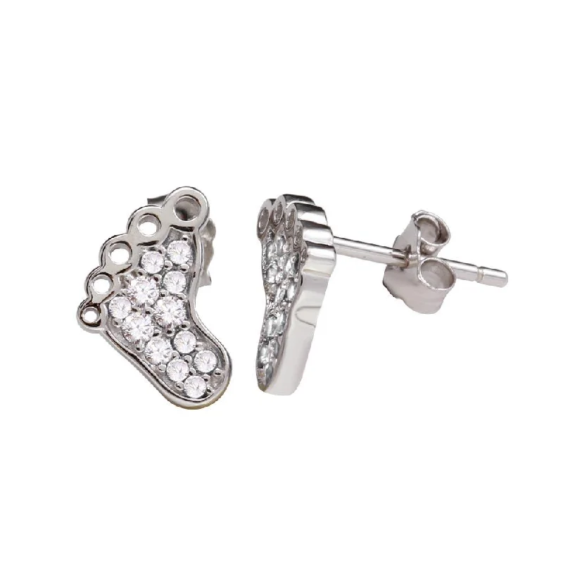 Antique Gold Earrings-Rhodium Plated 925 Sterling Silver Foot Earrings with Clear CZ - STE01157RH