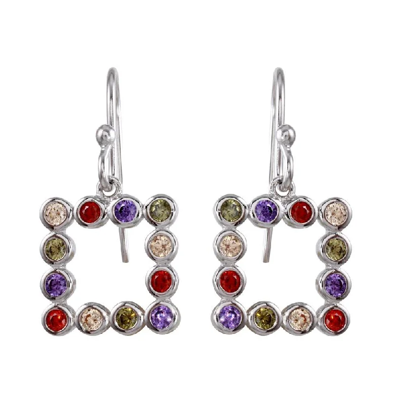 Statement Gemstone Earrings-Rhodium Plated 925 Sterling Silver Multi-Colored CZ Open Square Earrings - STE01139