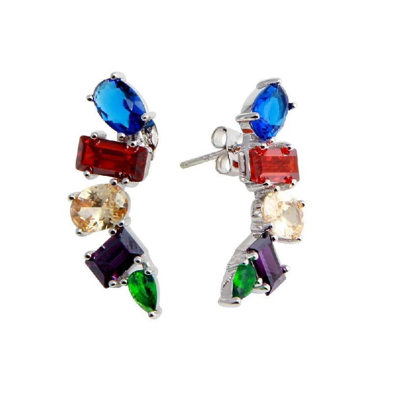 Trendy Pearl Earrings-Rhodium Plated 925 Sterling Silver Multi-Colored and Multi-Shaped CZ Stone Earrings - BGE00612