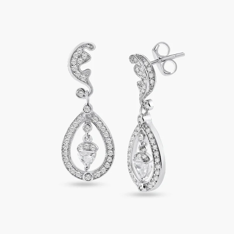 Elegant Silver Earrings-Silver 925 Rhodium Plated Teardrop Filigree CZ Dangling Stud Earrings - BGE00216