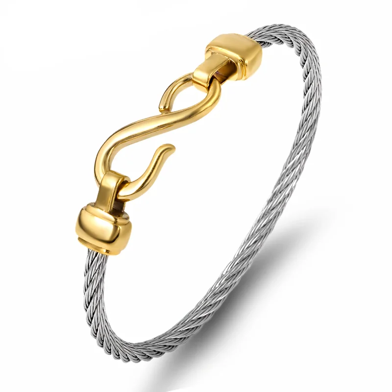 Simple Gold Bangle Sets-Love Infinity Symbol Charm Stainless Steel Cable Women's Cuff Bangle Bracelet