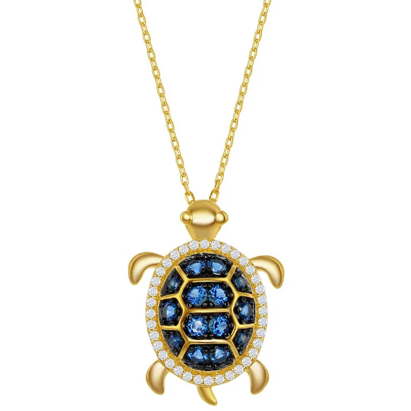 Long Pendant Necklaces-Classic Women's Necklace - Sterling Silver Blue Spinel and White CZ Turtle | M-6589