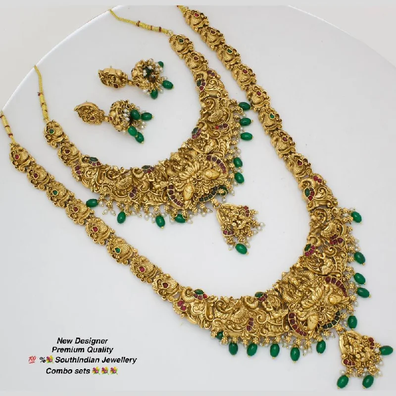 Vintage Style Necklaces-Manisha Jewellery Gold Plated Pota Stone And Beads Temple Double Necklace Set