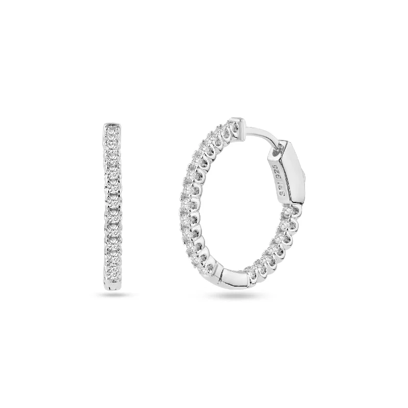 Simple Gold Earrings-Rhodium Plated 925 Sterling Silver Eternity Clear CZ Hoop Earring 20mm - STE01342