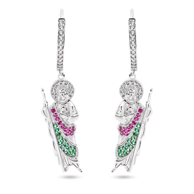 Colored Gemstone Earrings-Sterling Silver Rhodium Plated Dangling St Jude Hoop Clear CZ Earrings - GME00153