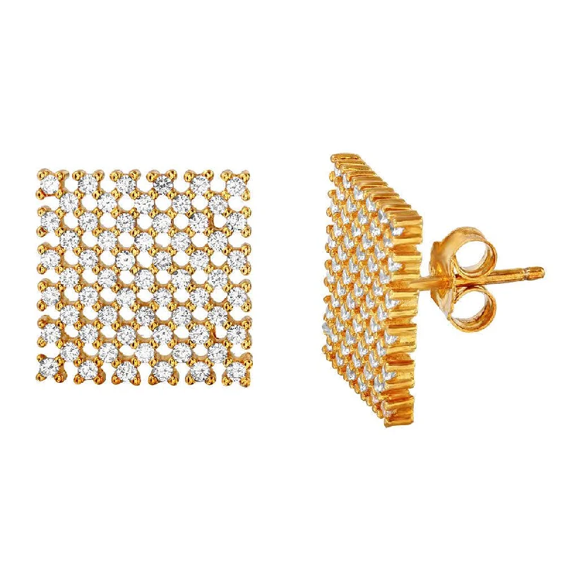 Stunning Gold Earrings-Silver 925 Gold Plated Large Checkered CZ Stud Earrings - ACE00080GP