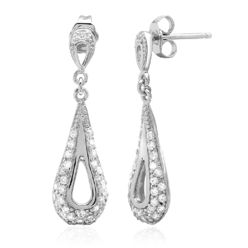 Rose Gold Earrings-Rhodium Plated 925 Sterling Silver Dangling Open Teardrop Earrings with CZ - ACE00034