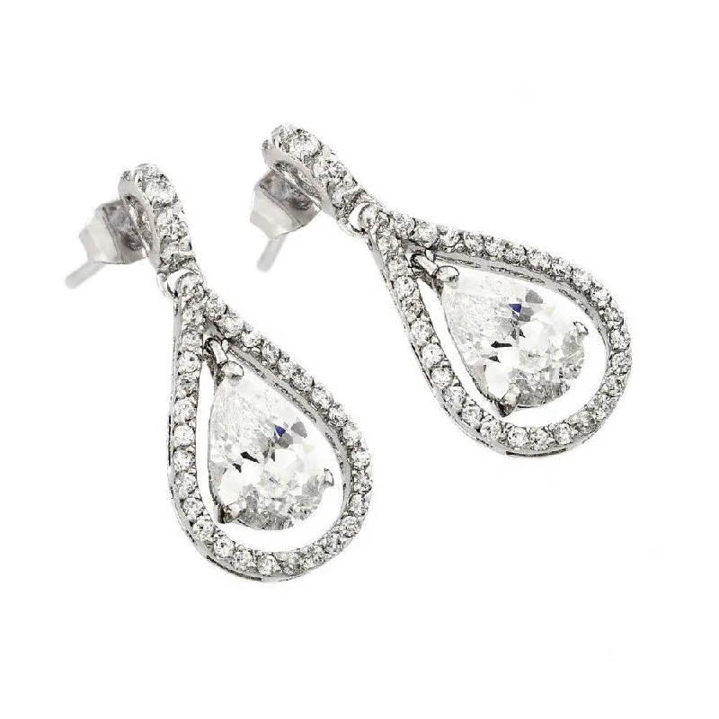 Gold Plated Earrings-Silver 925 Rhodium Plated Channel Teardrop CZ Dangling Stud Earrings - BGE00366C