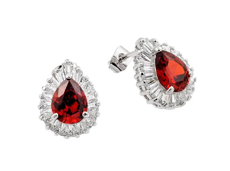 Retro Style Earrings-Silver 925 Rhodium Plated Teardrop Red and Clear Pave Baguette CZ Stud Earrings - BGE00335