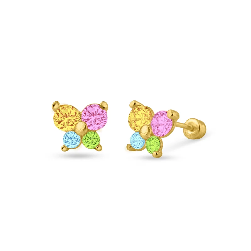 Large Statement Earrings-14E00136MUL - 14 Karat Yellow Butterfly Multicolor CZ Screw Back Stud Earrings