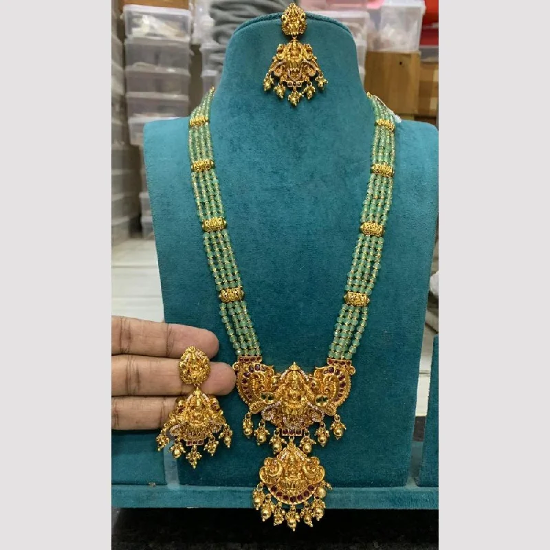 Elegant Dainty Necklaces-Sona Creation Gold Plated Pota Stone And Beads Temple Long Necklace Set