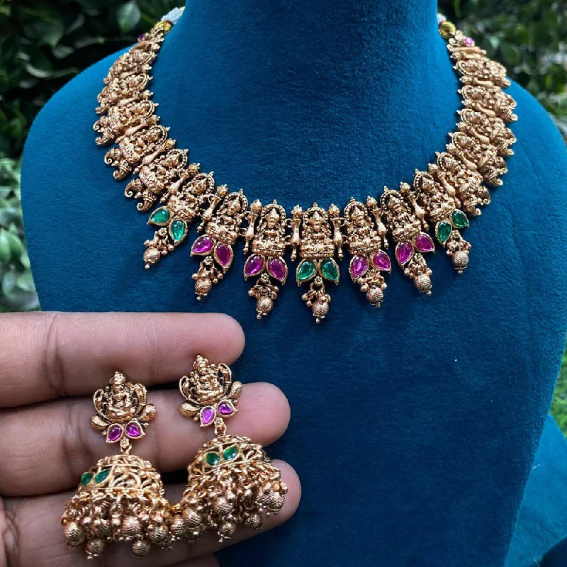 Layered Chain Necklaces-Royal Kundan Jewellery Gold Plated Pota Stone Temple Necklace Set