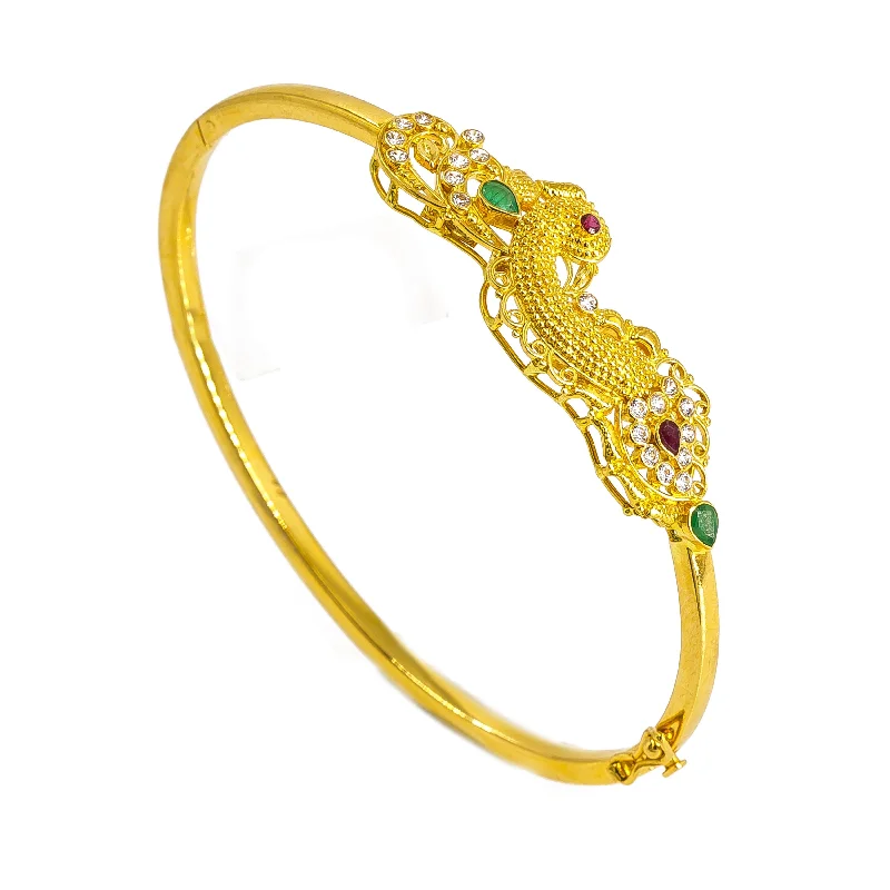 Designer Gold Wedding Bangles-22K Yellow Gold Peacock Bangle W/ Emeralds, Rubies, & Cubic Zirconia