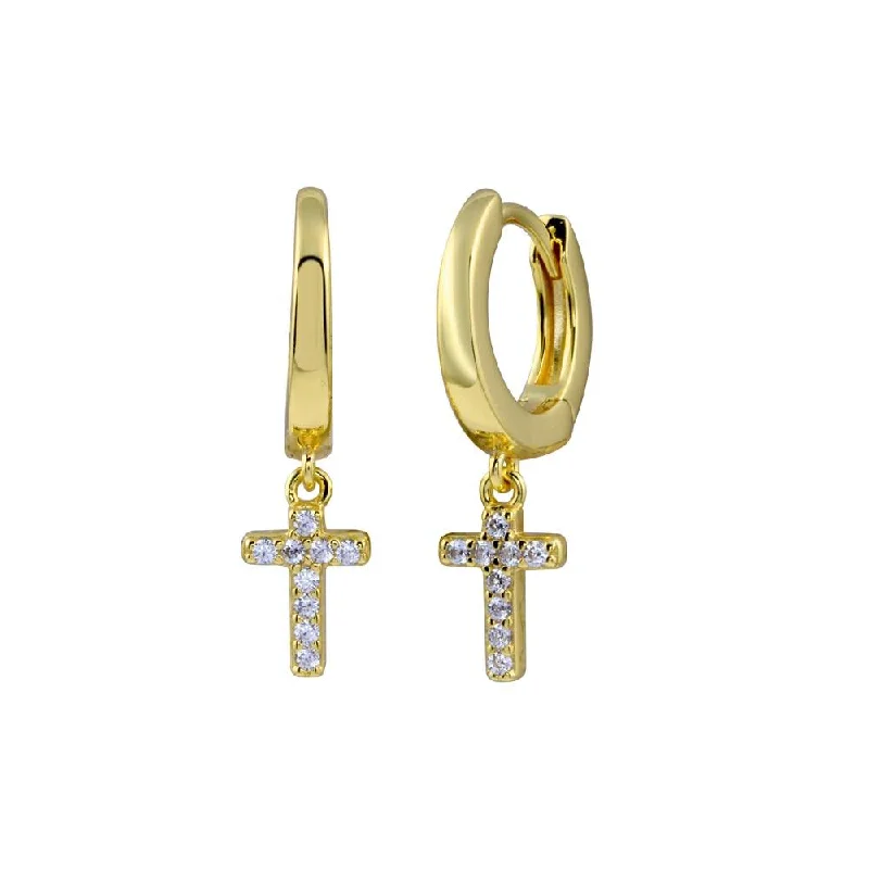 Stunning Gold Earrings-Gold Plated 925 Sterling Silver CZ huggie hoop Cross Earring - STE01279GP