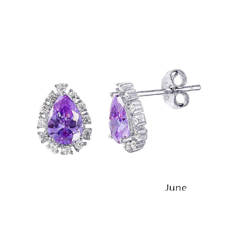 Personalized Earrings-Rhodium Plated 925 Sterling Silver Teardrop Halo CZ Birthstone Earrings June - STE01027-JUN