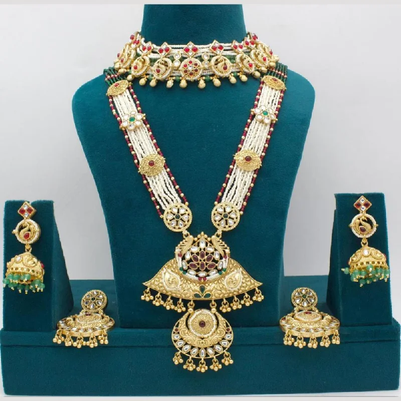 Fine Gold Pendant Necklaces-Manisha Jewellery Gold Plated Pota Stone Double Meenakari Necklace Set