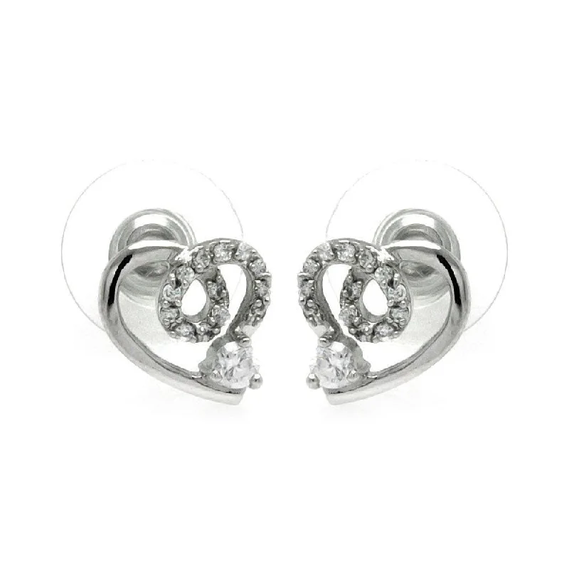 Retro Style Earrings-Silver 925 Rhodium Plated Open Heart CZ Outline Stud Earrings - BGE00228