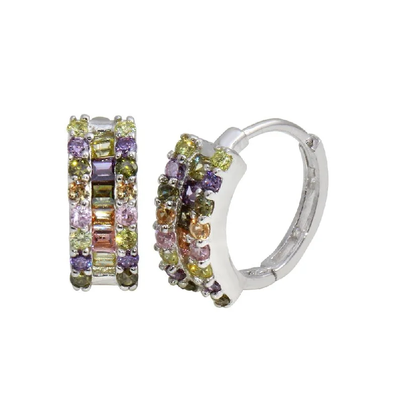 Handmade Earrings-Rhodium Plated 925 Sterling Silver Multi-Colored CZ Stone huggie hoop Earrings - GME00064RBC