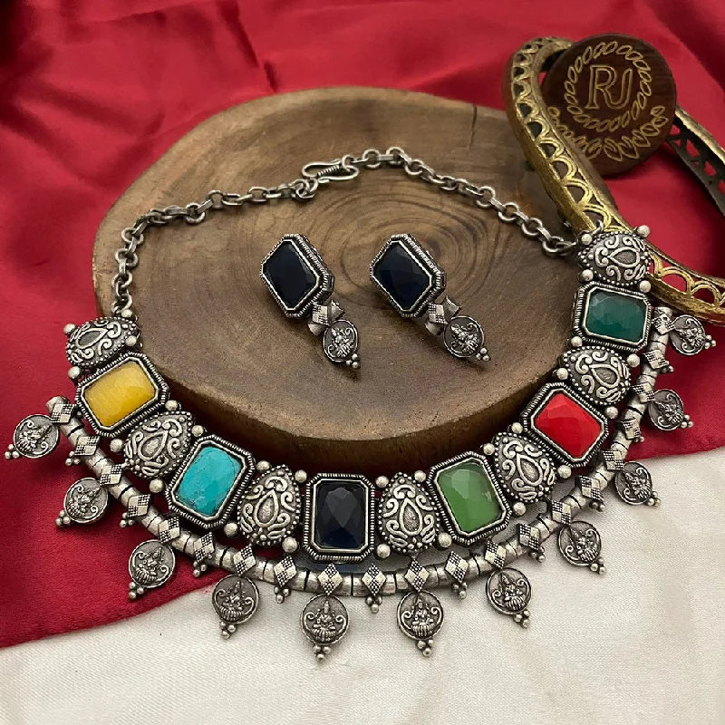 Long Statement Necklaces-FS Collection Oxidised Plated Crystal Stone Temple Necklace Set