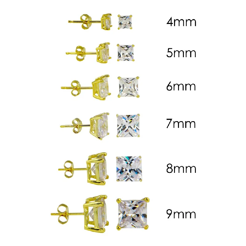 Boho Chic Earrings-Gold Plated 925 Sterling Silver Square Basket Clear CZ Stud Earring - STE00599GP