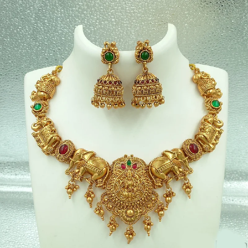 Bridal Pendant Necklaces-Joyful Jewel Art Matte Gold Plated Pota Stone Temple Necklace Set