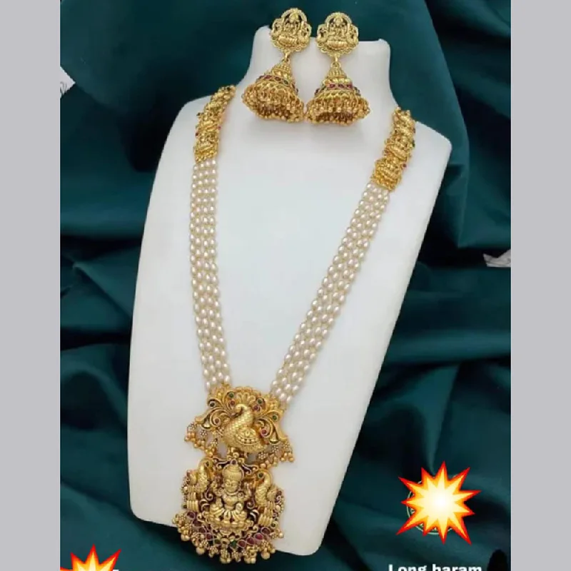 Gold Infinity Necklaces-Manisha Jewellery Gold Plated Pota Stone And Pearls Temple Necklace Set