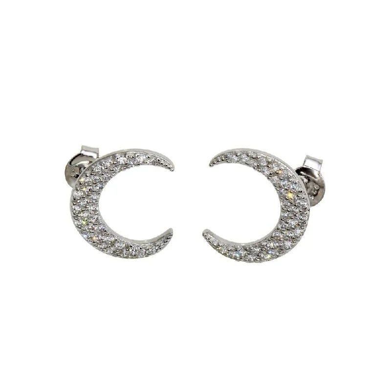 Bold Statement Earrings-Rhodium Plated 925 Sterling Silver Crescent Moon Stud Earrings with CZ - BGE00594