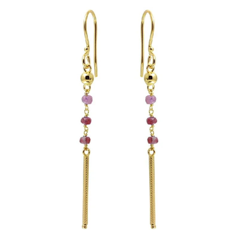 High-Quality Earrings-Gold Plated 925 Sterling Silver Dangling 3 Dark Red Bead with Matte Gold Bar Earrings - DIE00009GP-GR