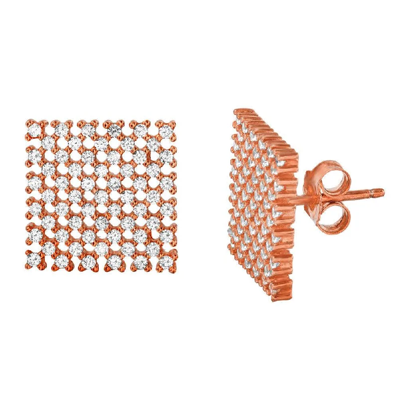 Rose Gold Earrings-Silver 925 Rose Gold Plated Large Checkered CZ Stud Earrings - ACE00080RGP