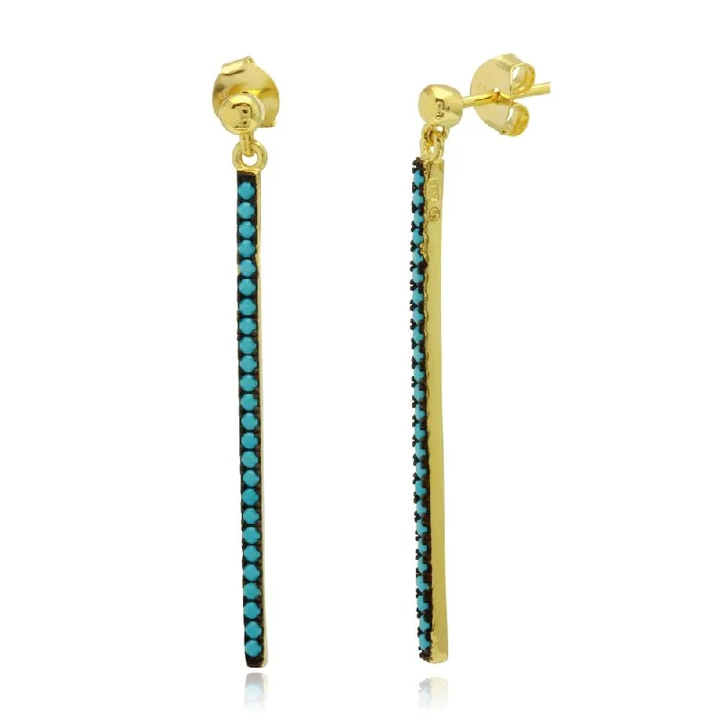 Vintage Style Earrings-Gold Plated 925 Sterling Silver Dangling Bar with Turquoise Beads - BGE00542