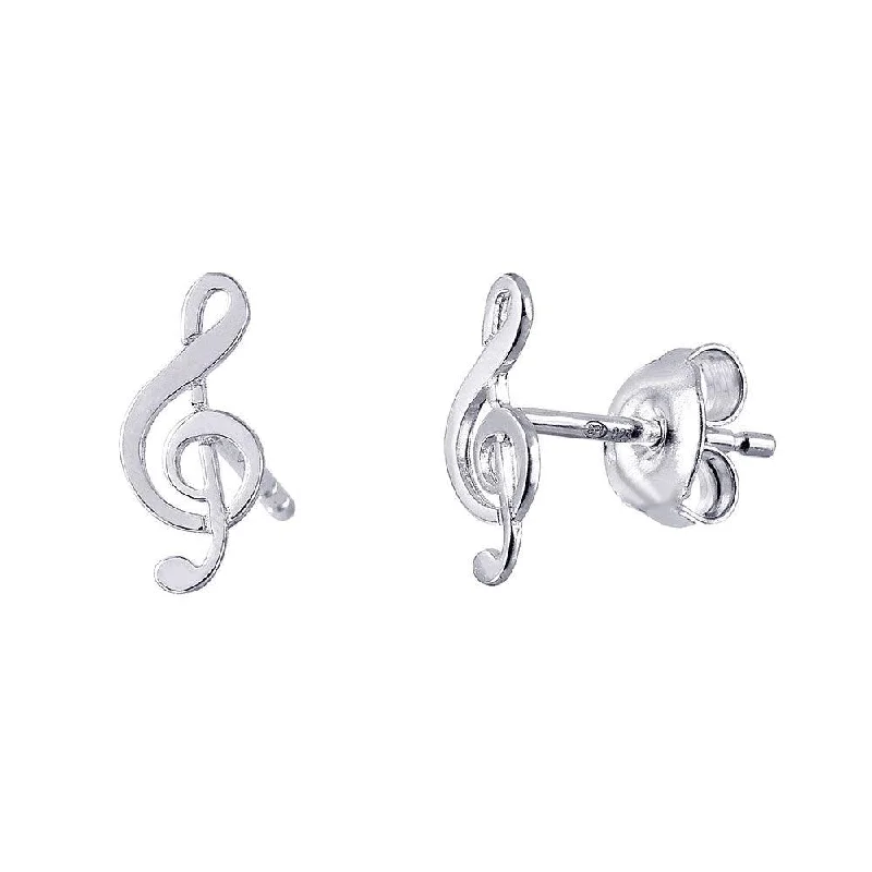 Silver Diamond Earrings-Silver 925 Rhodium Plated Music Treble Clef Shaped Stud Earrings - GME00018RH