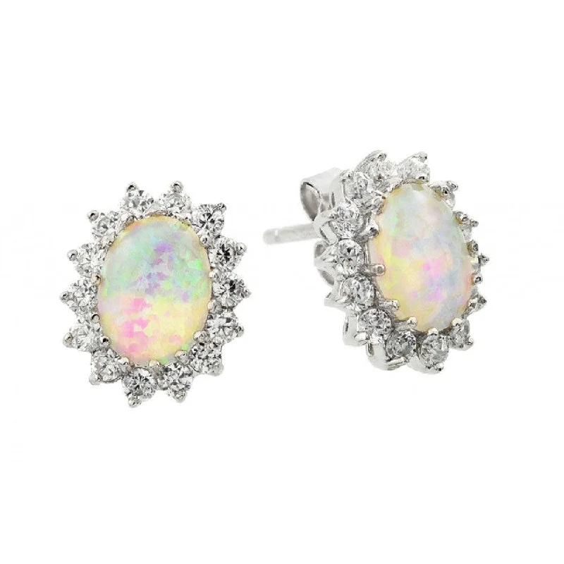 Bright Gemstone Earrings-Silver 925 Rhodium Plated Opal Sun CZ Stud Earrings - STE00941