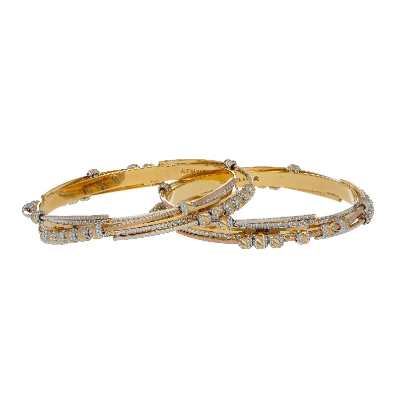 Trendy Bangles for Women-22K Multi Tone Gold Laser Bangles Set of 2 W/ Multi Layer Bands & Textured Gold Ball Beads