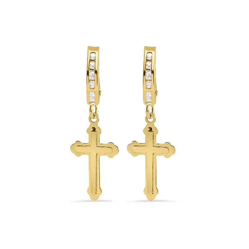 Unique Gemstone Earrings-14E00452. - 14 Karat Yellow Gold 12.9mm Hoop Half Studded Clear CZ Cross Latch Box Earrings