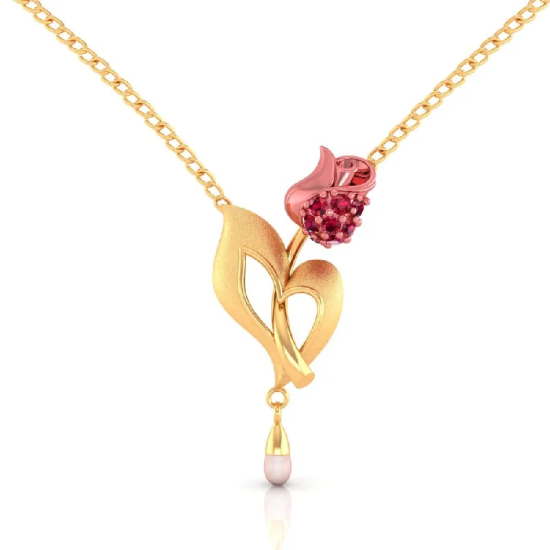 Sparkling Gold Necklaces-22k Gold Necklace With A Yellow Flower Motif And A Pearl Drop