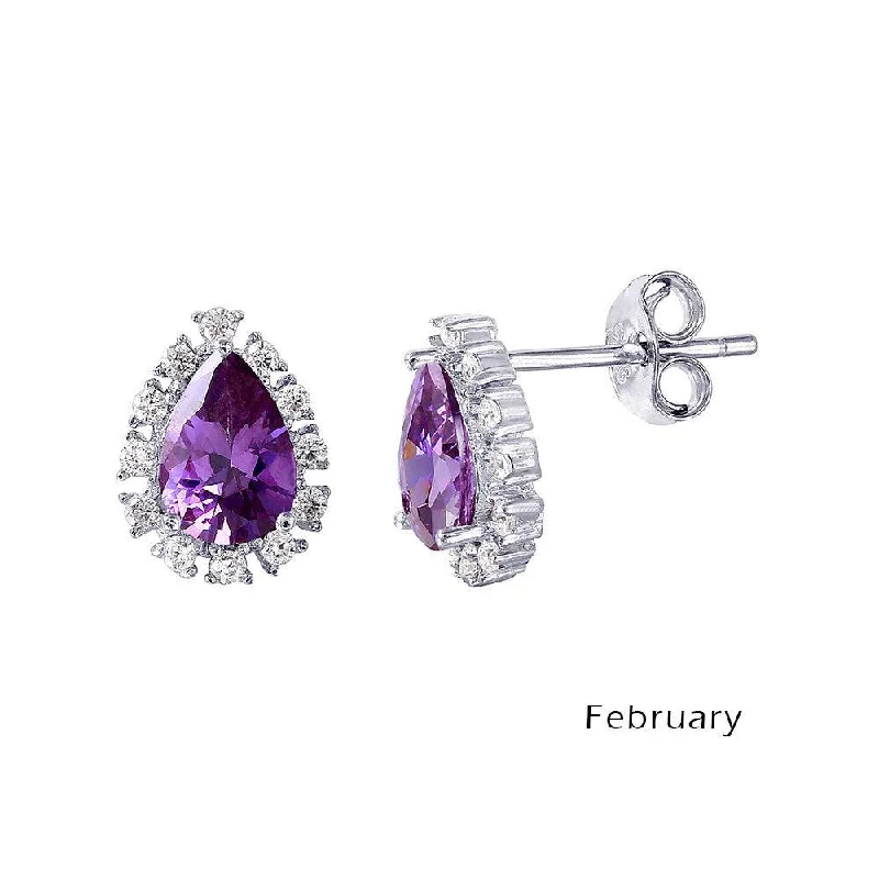 Artistic Earrings-Rhodium Plated 925 Sterling Silver Teardrop Halo CZ Birthstone Earrings February - STE01027-FEB